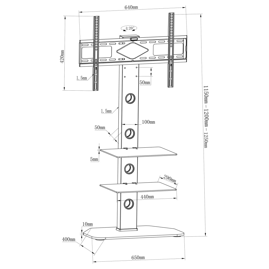 Kääntyvä TV-lattiateline VESA 600x400 mm 2 hyllyä - Harrastajankoti.fi