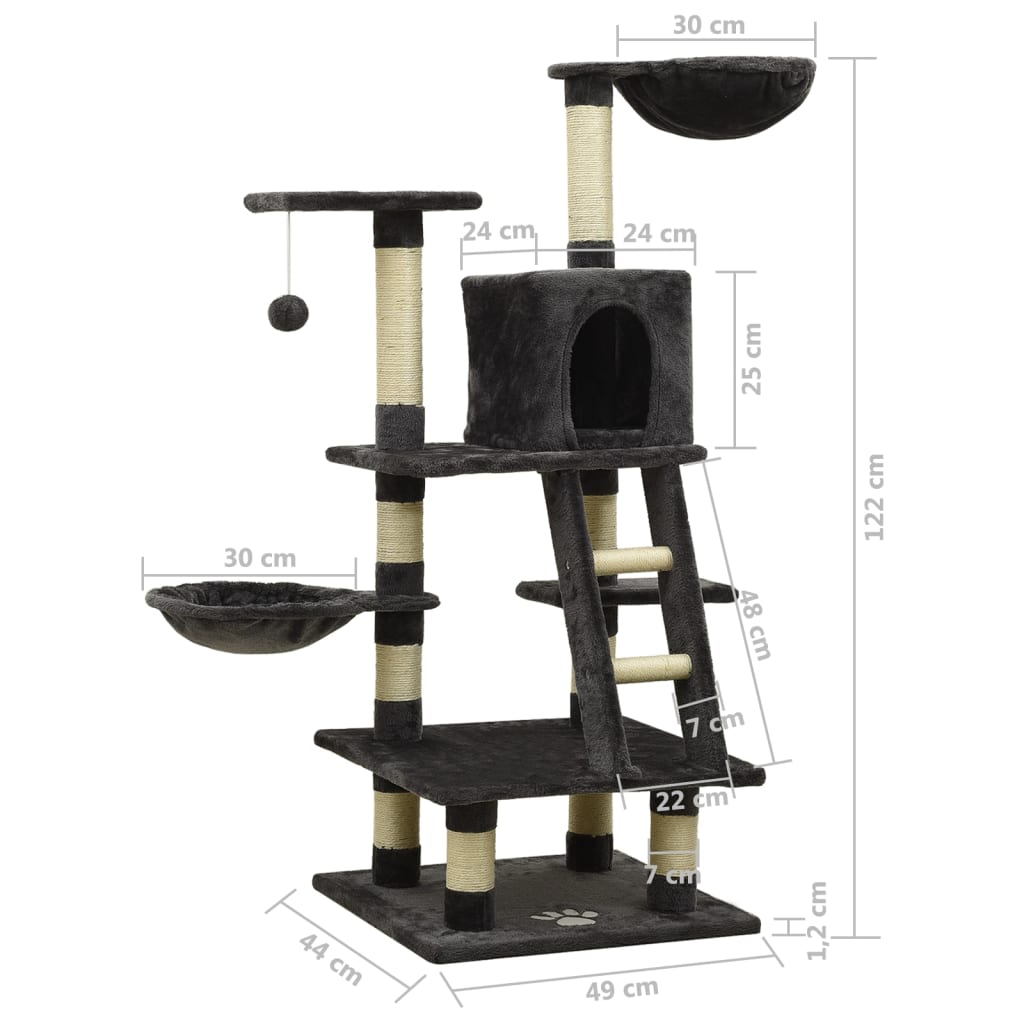 Kissan kiipeilypuu sisal- raapimispylväillä tummanharmaa 122 cm - Harrastajankoti.fi