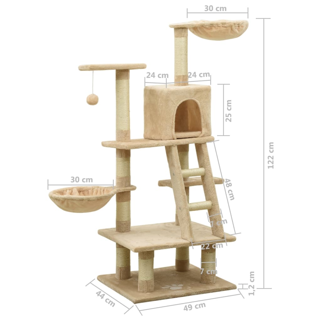 Kissan kiipeilypuu sisal-pylväillä beige 122 cm - Harrastajankoti.fi