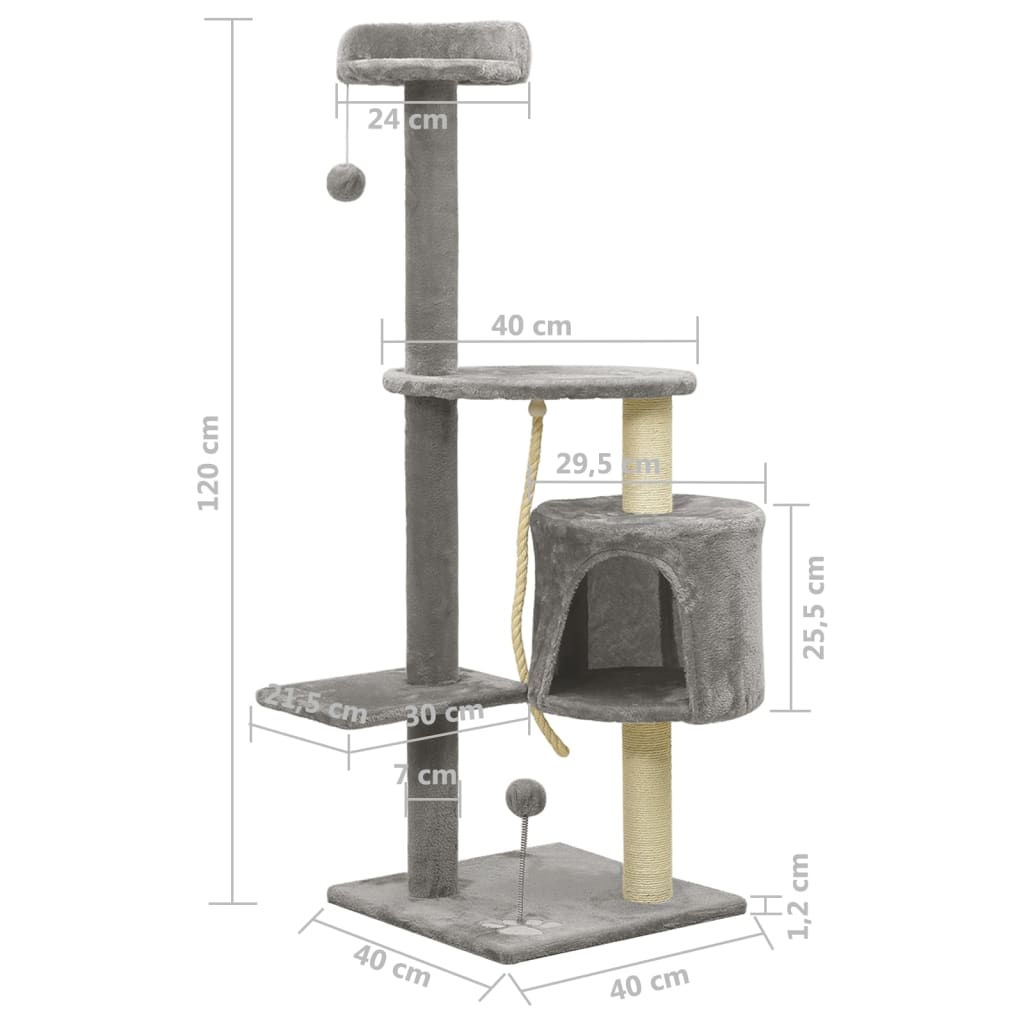 Kissan kiipeilypuu sisal-pylväillä harmaa 120 cm - Harrastajankoti.fi