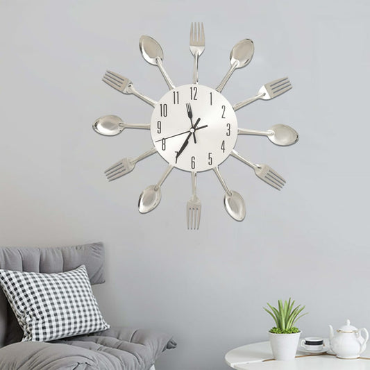 325162 Be Basic Wall Clock with Spoon and Fork Design Silver 31 cm Aluminium - Harrastajankoti.fi