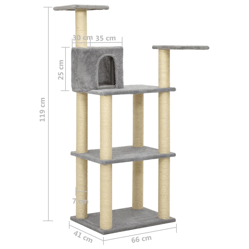 Kissan kiipeilypuu sisal- raapimispylväillä vaaleanharmaa 119cm - Harrastajankoti.fi
