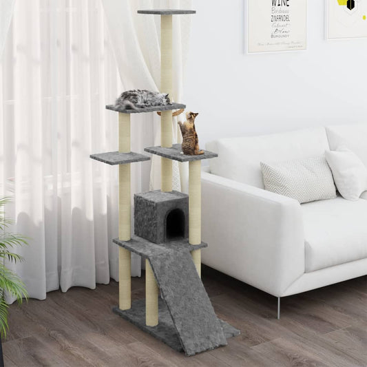 Kissan kiipeilypuu sisal- raapimispylväillä vaaleanharmaa 155cm - Harrastajankoti.fi