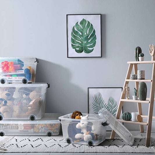 Säilytyslaatikot pyörillä ja kansilla 5 kpl läpinäkyvä 60 l - Harrastajankoti.fi