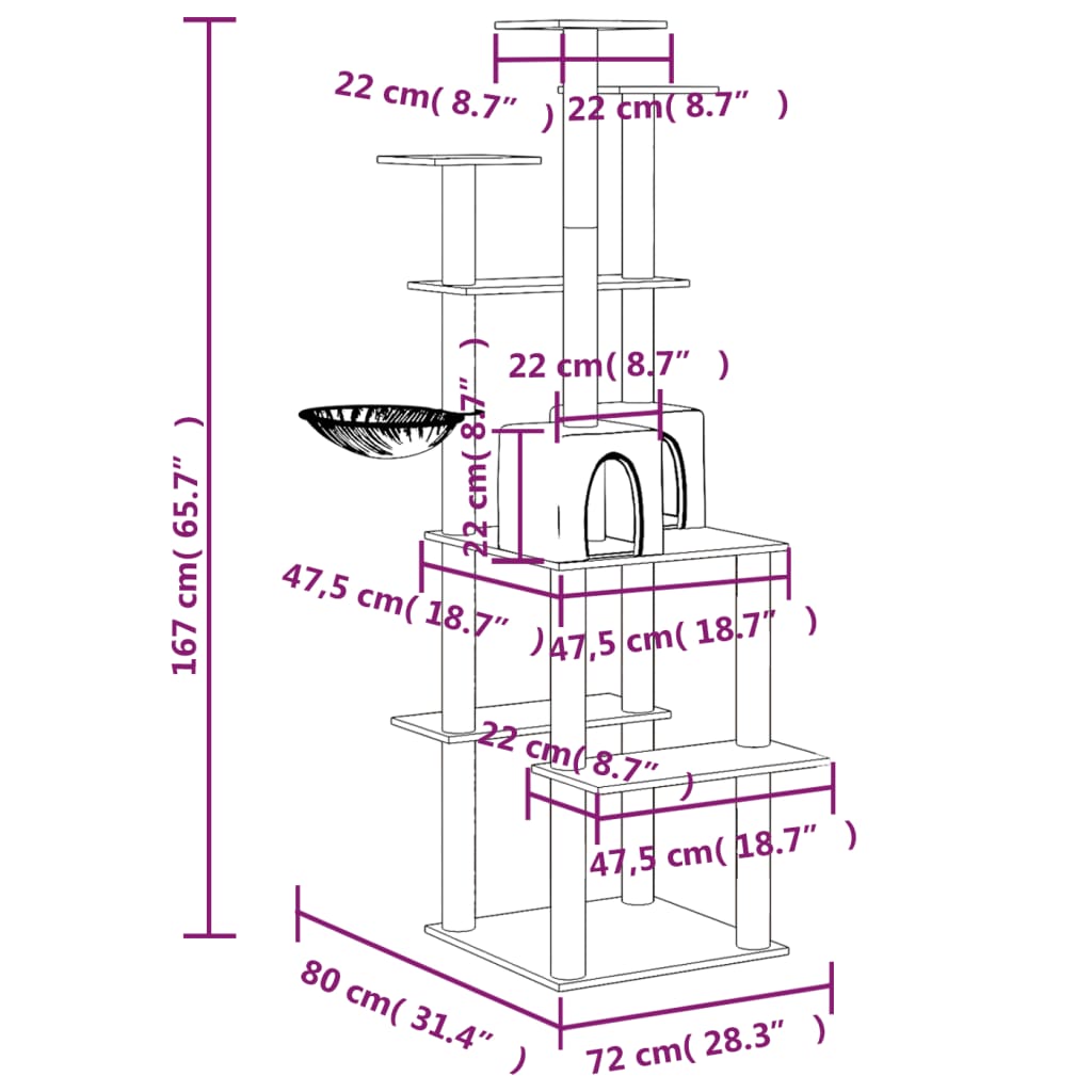 Kissan kiipeilypuu sisal- raapimispylväillä kerma 167 cm - Harrastajankoti.fi