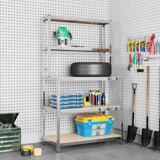 5-tasoinen Työpöytä hyllyillä hopea teräs ja tekninen puu - Harrastajankoti.fi