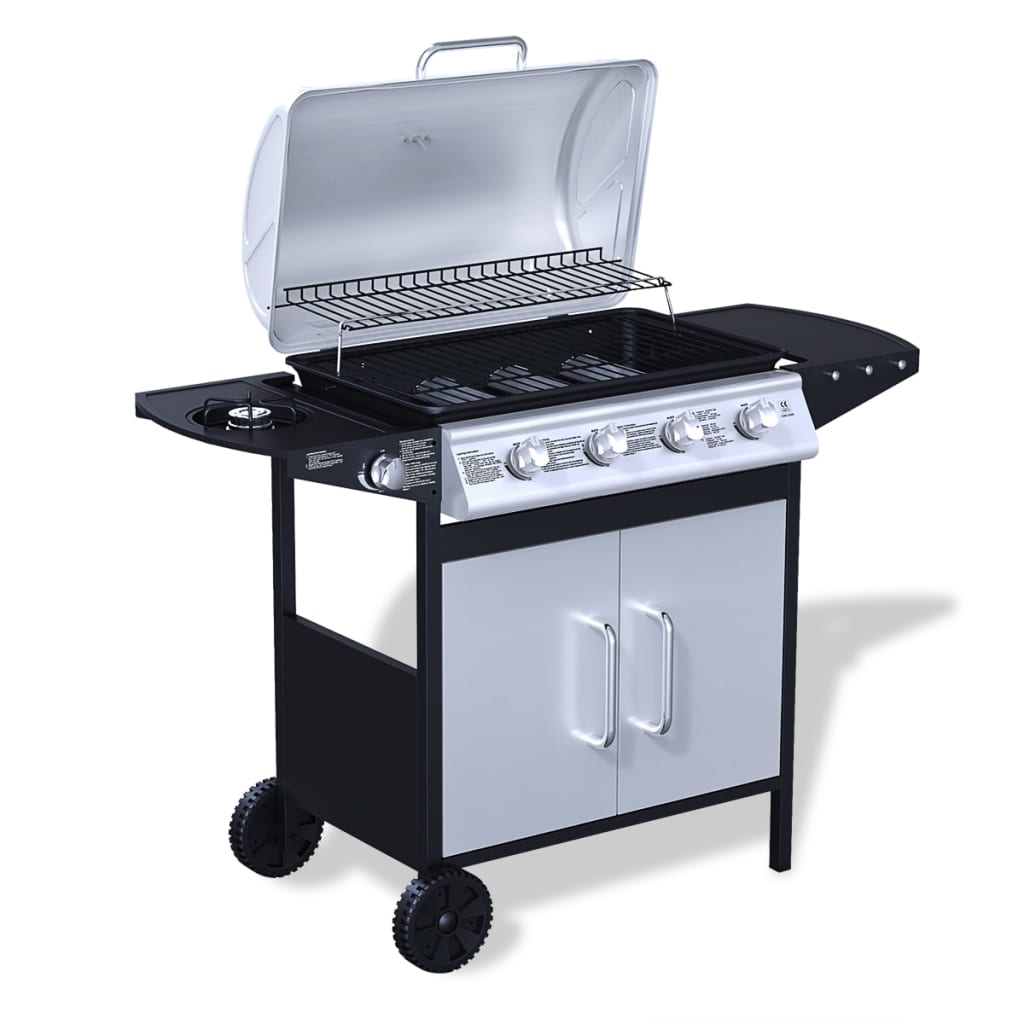 Kaasugrilli ruostumaton teräs 4+1 poltinta Musta &amp; hopea - Harrastajankoti.fi