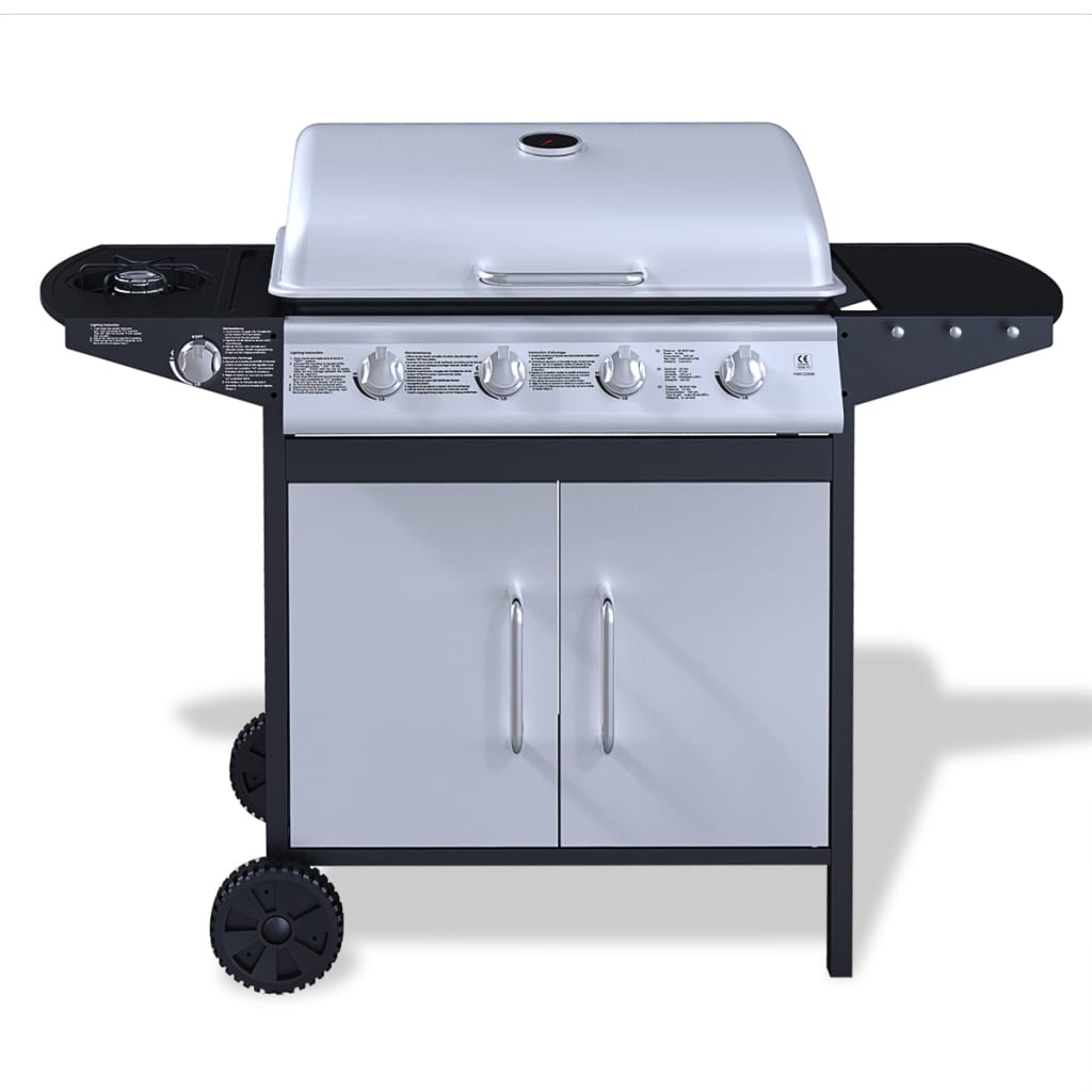 Kaasugrilli ruostumaton teräs 4+1 poltinta Musta &amp; hopea - Harrastajankoti.fi