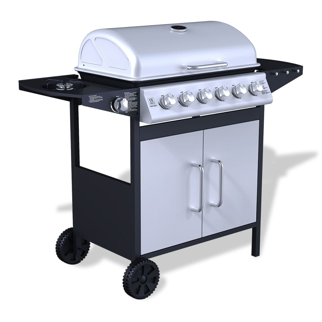 Kaasugrilli ruostumaton teräs 6+1 poltinta Musta &amp; hopea - Harrastajankoti.fi