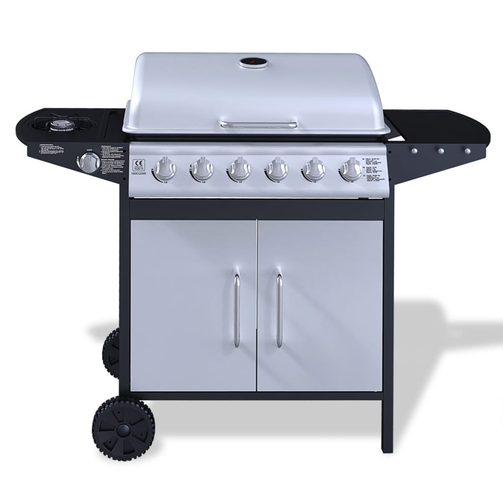 Kaasugrilli ruostumaton teräs 6+1 poltinta Musta &amp; hopea - Harrastajankoti.fi