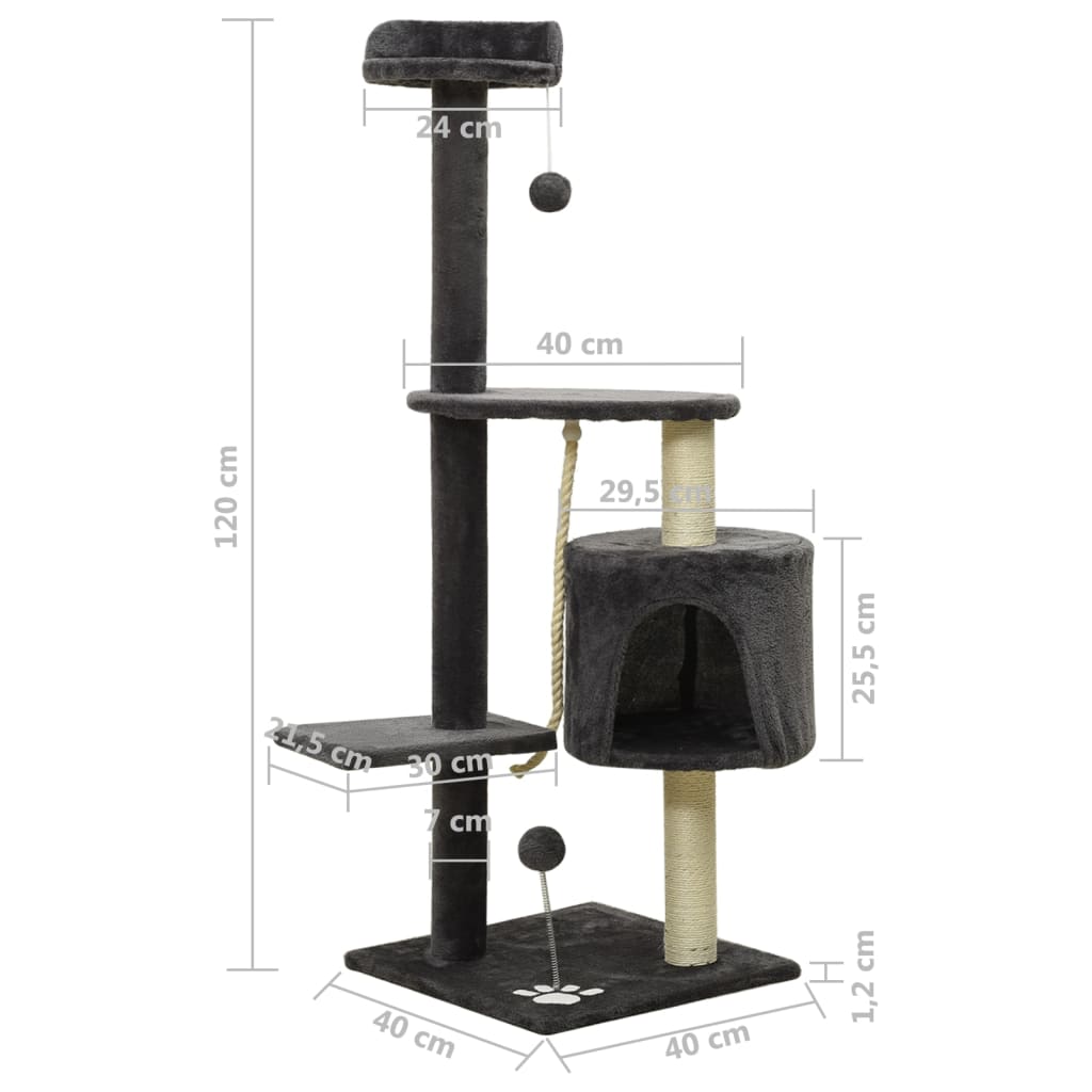 Kissan kiipeilypuu sisal- raapimispylväillä tummanharmaa 120 cm - Harrastajankoti.fi