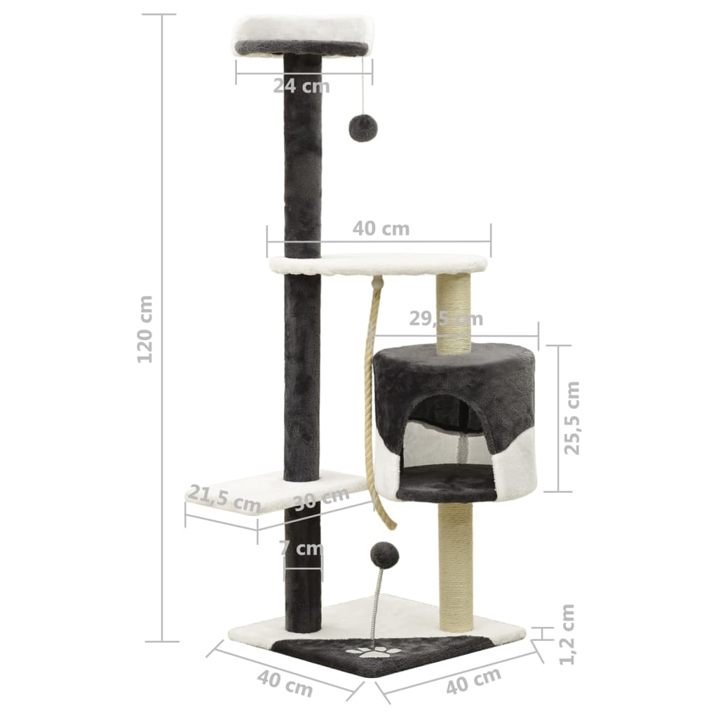 Kissan kiipeilypuu sisal-pylväillä tummanharmaa ja valk. 120 cm - Harrastajankoti.fi