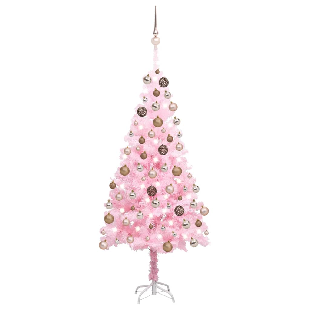 Tekojoulukuusi LED-valoilla ja palloilla pinkki 150 cm PVC - Harrastajankoti.fi