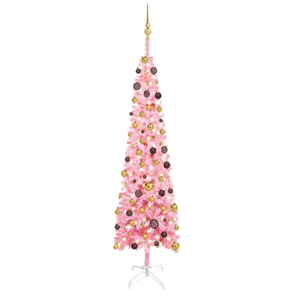 Ohut joulukuusi LED-valoilla ja palloilla pinkki 210 cm - Harrastajankoti.fi