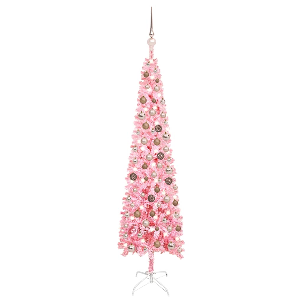 Ohut joulukuusi LED-valoilla ja palloilla pinkki 150 cm - Harrastajankoti.fi