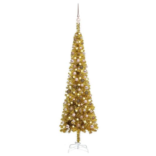 Ohut joulukuusi LED-valoilla ja palloilla kulta 210 cm - Harrastajankoti.fi