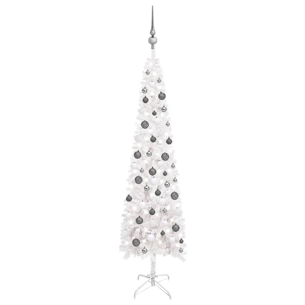 Ohut joulukuusi LED-valoilla ja palloilla valkoinen 180 cm - Harrastajankoti.fi