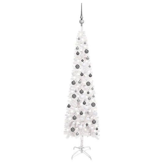 Ohut joulukuusi LED-valoilla ja palloilla valkoinen 180 cm - Harrastajankoti.fi