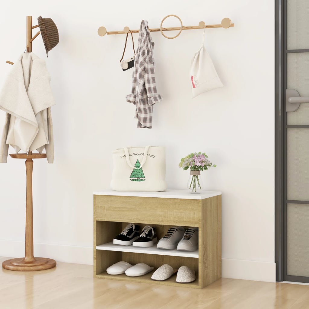 Kenkien säilytyspenkki valk./Sonoma-tammi 60x30x45 cm lastulevy - Harrastajankoti.fi