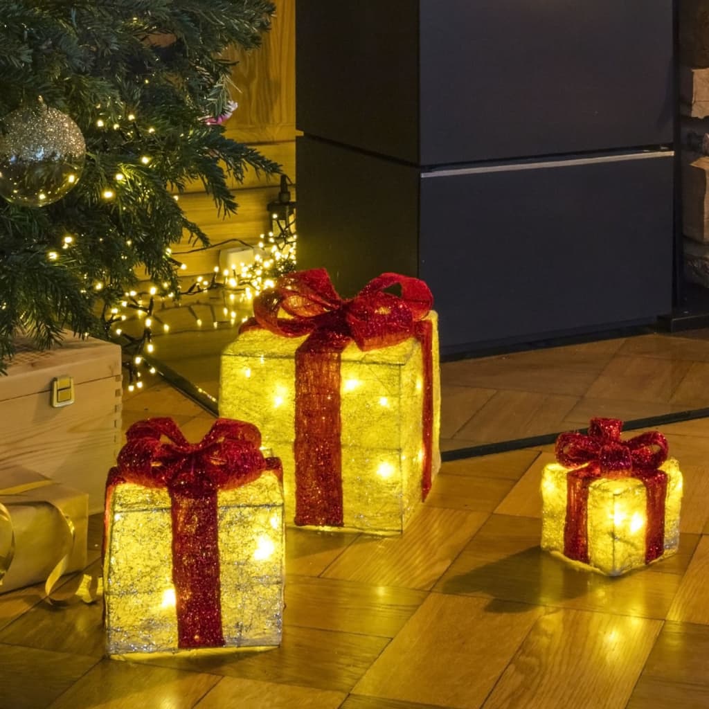 HI LED-valaistut joululahjapakkaukset punaisin nauhoin 3 kpl - Harrastajankoti.fi