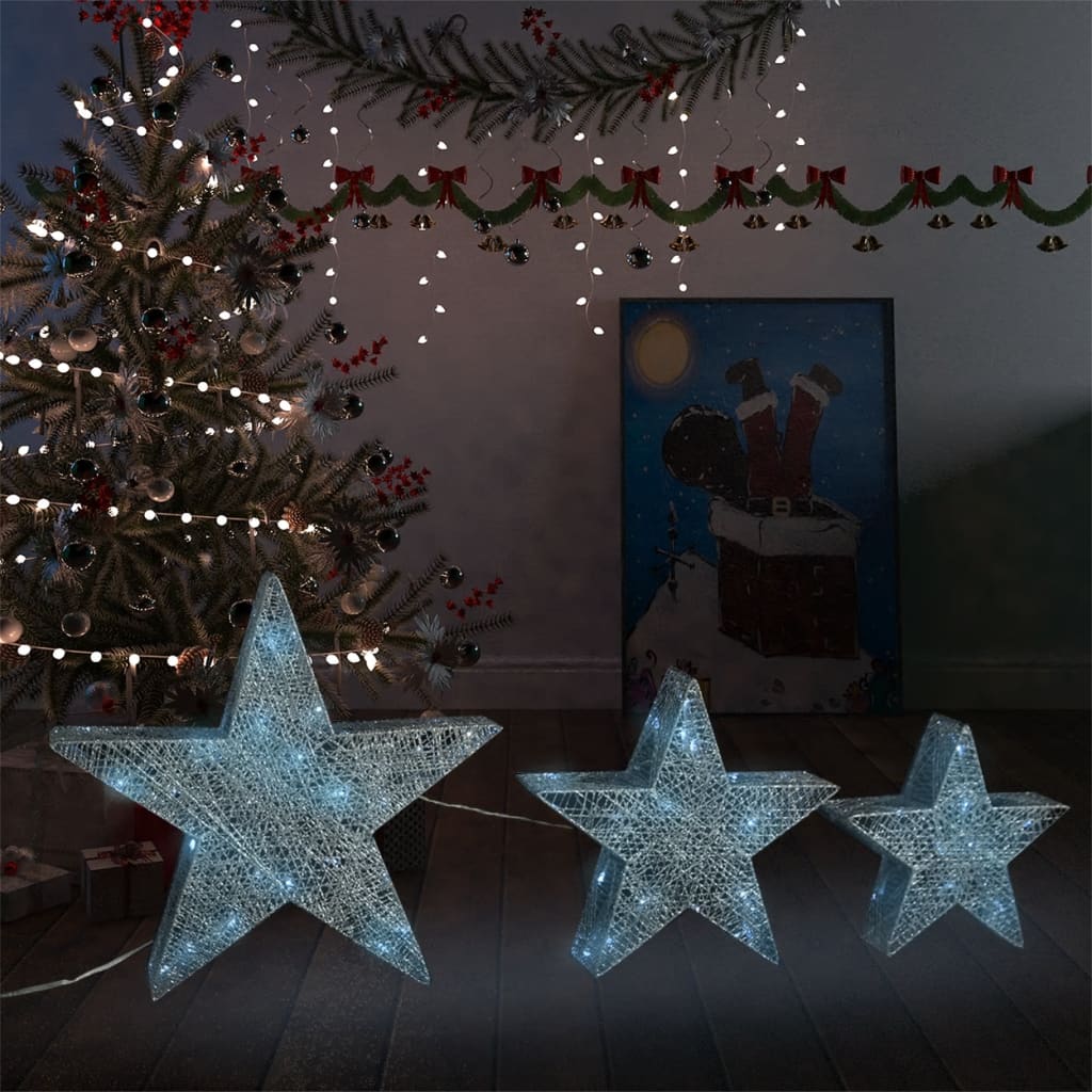 Joulukoristetähdet 3 kpl hopeaverkko LED sisälle ja ulos - Harrastajankoti.fi